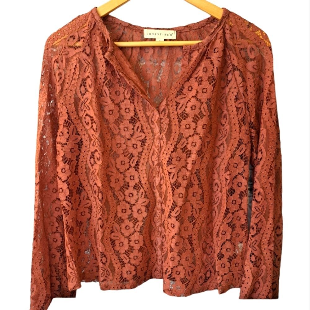 lovestitch Rust Lace V-Neck Long Sleeve Blouse